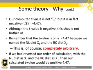 SCHOOL OF NUTRITION AND DIETETICS . FACULTY OF HEALTH SCIENCES
• Our computed t-value is not “0,” but it is in fact
negative (t(8) = -4.47).
• Although the t-value is negative, this should not
bother us.
• Remember that the t-value is only - 4.47 because we
named the NL diet X1 and the RC diet X2.
–This is, of course, completely arbitrary.
• If we had reversed our order of calculation, with the
NL diet as X2 and the RC diet as X1, then our
calculated t-value would be positive 4.47.
Some theory - Why (cont.)
 