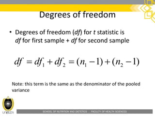 SCHOOL OF NUTRITION AND DIETETICS . FACULTY OF HEALTH SCIENCES
Degrees of freedom
• Degrees of freedom (df) for t statistic is
df for first sample + df for second sample
)1()1( 2121  nndfdfdf
Note: this term is the same as the denominator of the pooled
variance
 
