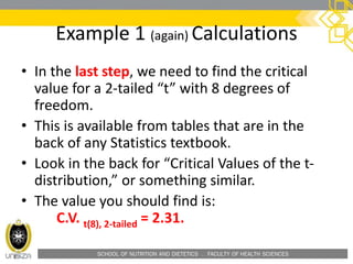 SCHOOL OF NUTRITION AND DIETETICS . FACULTY OF HEALTH SCIENCES
• In the last step, we need to find the critical
value for a 2-tailed “t” with 8 degrees of
freedom.
• This is available from tables that are in the
back of any Statistics textbook.
• Look in the back for “Critical Values of the t-
distribution,” or something similar.
• The value you should find is:
C.V. t(8), 2-tailed = 2.31.
Example 1 (again) Calculations
 