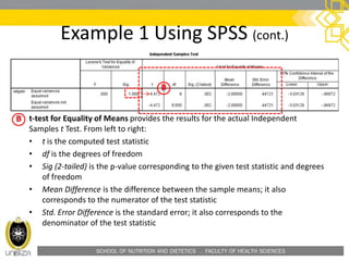 SCHOOL OF NUTRITION AND DIETETICS . FACULTY OF HEALTH SCIENCES
Example 1 Using SPSS (cont.)
t-test for Equality of Means provides the results for the actual Independent
Samples t Test. From left to right:
• t is the computed test statistic
• df is the degrees of freedom
• Sig (2-tailed) is the p-value corresponding to the given test statistic and degrees
of freedom
• Mean Difference is the difference between the sample means; it also
corresponds to the numerator of the test statistic
• Std. Error Difference is the standard error; it also corresponds to the
denominator of the test statistic
 