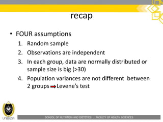 SCHOOL OF NUTRITION AND DIETETICS . FACULTY OF HEALTH SCIENCES
recap
• FOUR assumptions
1. Random sample
2. Observations are independent
3. In each group, data are normally distributed or
sample size is big (>30)
4. Population variances are not different between
2 groups Levene’s test
 