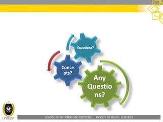 SCHOOL OF NUTRITION AND DIETETICS . FACULTY OF HEALTH SCIENCES
Any
Questio
ns?
Conce
pts?
Equations?
 