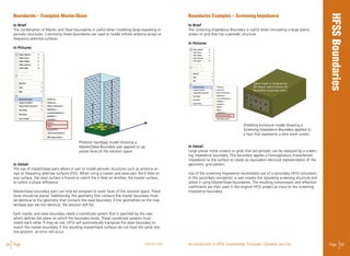 38 Page ANSYS, INC Page 39An Introduction to HFSS: Fundamental Principles, Concepts, and Use
Boundaries – Examples Master/Slave
In Brief
The combination of Master and Slave boundaries is useful when modeling large repeating or
periodic structures. Commonly these boundaries are used to model infinite antenna arrays or
frequency selective surfaces.
In Pictures
In Detail
The use of master/slave pairs allows a user to model periodic structures such as antenna ar-
rays or frequency selective surfaces (FSS). When using a master and slave pair, the E-field on
one surface, the slave surface is forced to match the E-field on another, the master surface,
to within a phase difference.
Master/slave boundary pairs can only be assigned to outer faces of the solution space. These
faces should be planar. Additionally, the geometry that contacts the master boundary must
be identical to the geometry that contacts the slave boundary. If the geometries on the mas-
ter/slave pair are not identical, the solution will fail.
Each master and slave boundary needs a coordinate system that is specified by the user,
which defines the plane on which the boundary exists. These coordinate systems must
match each other. If they do not, HFSS will automatically transpose the slave boundary to
match the master boundary. If the resulting master/slave surfaces do not have the same rela-
tive position, an error will occur.
Boundaries Examples – Screening Impedance
In Brief
The Screening Impedance Boundary is useful when simulating a large planar
screen or grid that has a periodic structure.
In Pictures
In Detail
Large planar metal screens or grids that are periodic can be replaced by a screen-
ing impedance boundary. This boundary applies a homogeneous characteristic
impedance to the surface to create an equivalent electrical representation of the
geometric grid pattern.
Use of the screening impedance necessitates use of a secondary HFSS simulation.
In this secondary simulation, a user creates the repeating screening structure and
solves it using Master/Slave boundaries. The resulting transmission and reflection
coefficients are then used in the original HFSS project as input to the screening
impedance boundary.
Photonic bandgap model showing a
Master/Slave Boundary pair applied to op-
posite faces of the solution space.
Shielding enclosure model showing a
Screening Impedance Boundary applied to
a face that represents a wire mesh screen.
 