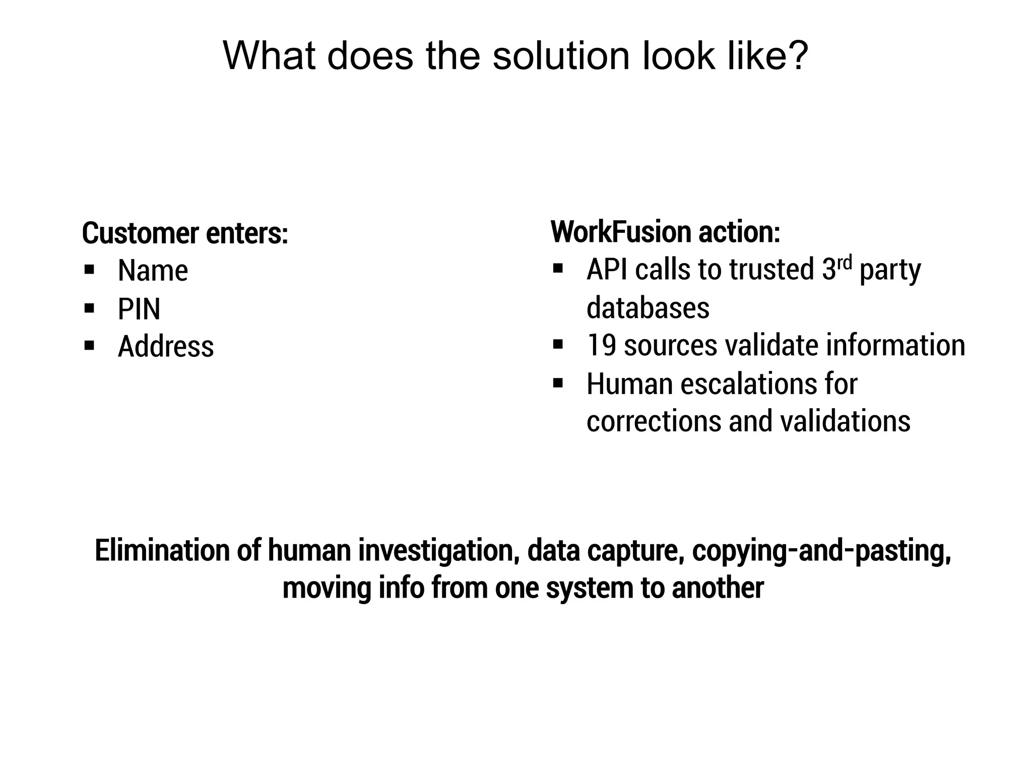 What does the solution look like?
Customer enters:
§ Name
§ PIN
§ Address
WorkFusion action:
§ API calls to trusted 3rd party
databases
§ 19 sources validate information
§ Human escalations for
corrections and validations
Elimination of human investigation, data capture, copying-and-pasting,
moving info from one system to another
 