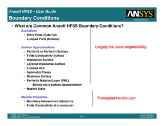 Introduction
1-4
ANSYS, Inc. Proprietary
© 2009 ANSYS, Inc. All rights reserved.
February 23, 2009
Inventory #002593
Training ManualTraining Manual
3-4
ANSYS, Inc. Proprietary
© 2009 ANSYS, Inc. All rights reserved.
February 20, 2009
Inventory #002704
Ansoft HFSS – User Guide
• What are Common Ansoft HFSS Boundary Conditions?
– Excitations
• Wave Ports (External)
• Lumped Ports (Internal)
– Surface Approximations
• Perfect E or Perfect H Surface
• Finite Conductivity Surface
• Impedance Surface
• Layered Impedance Surface
• Lumped RLC
• Symmetry Planes
• Radiation Surface
• Perfectly Matched Layer (PML)
– Strictly not a surface approximation
• Master/ Slave
– Material Properties
• Boundary between two dielectrics
• Finite Conductivity of a conductor
Largely the users responsibilityLargely the users responsibilityLargely the users responsibilityLargely the users responsibility
Transparent to the userTransparent to the userTransparent to the userTransparent to the user
Boundary Conditions
 