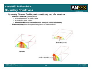 Introduction
1-6
ANSYS, Inc. Proprietary
© 2009 ANSYS, Inc. All rights reserved.
February 23, 2009
Inventory #002593
Training ManualTraining Manual
3-6
ANSYS, Inc. Proprietary
© 2009 ANSYS, Inc. All rights reserved.
February 20, 2009
Inventory #002704
Ansoft HFSS – User Guide
• Symmetry Planes – Enable you to model only part of a structure
– Perfect E or Perfect H Symmetry Planes
• Must be exposed to the outer surface
• Must be on a planar surface
• Remember! Mechanical Symmetry does not Equal Electrical Symmetry
– Model complexity: Reduced by eliminating part of the solution volume
Full ModelFull ModelFull ModelFull Model
Perfect E SymmetryPerfect E SymmetryPerfect E SymmetryPerfect E Symmetry
Perfect H SymmetryPerfect H SymmetryPerfect H SymmetryPerfect H Symmetry
Boundary Conditions
 