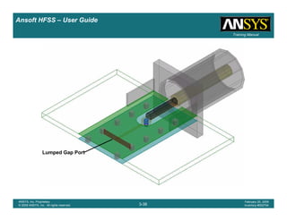 Introduction
1-38
ANSYS, Inc. Proprietary
© 2009 ANSYS, Inc. All rights reserved.
February 23, 2009
Inventory #002593
Training ManualTraining Manual
3-38
ANSYS, Inc. Proprietary
© 2009 ANSYS, Inc. All rights reserved.
February 20, 2009
Inventory #002704
Ansoft HFSS – User Guide
Lumped Gap Port
 