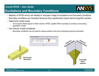 Introduction
1-2
ANSYS, Inc. Proprietary
© 2009 ANSYS, Inc. All rights reserved.
February 23, 2009
Inventory #002593
Training ManualTraining Manual
4-2
ANSYS, Inc. Proprietary
© 2009 ANSYS, Inc. All rights reserved.
February 20, 2009
Inventory #002704
Ansoft HFSS – User Guide
Excitations and Boundary Conditions
• Majority of HFSS errors are related to improper usage of excitations and boundary conditions
• Boundary conditions are important because they significantly impact electromagnetic solution
• Determine model scope
– To truncate infinite space to finite volume, HFSS applies PEC boundary to surface surrounding
geometric model
• Can reduce model complexity
– Boundary conditions can be used to reduce solution time and computing resource demands
Perfect E
Symmetry Plane
Perfect H
Symmetry Plane
TE10 Cavity
Resonator Pyramidal
Horn
Antenna
 