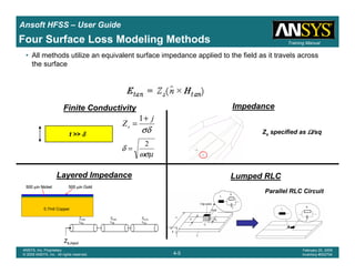 Introduction
1-5
ANSYS, Inc. Proprietary
© 2009 ANSYS, Inc. All rights reserved.
February 23, 2009
Inventory #002593
Training ManualTraining Manual
4-5
ANSYS, Inc. Proprietary
© 2009 ANSYS, Inc. All rights reserved.
February 20, 2009
Inventory #002704
Ansoft HFSS – User Guide
• All methods utilize an equivalent surface impedance applied to the field as it travels across
the surface
Zs,input
Zs,Au
LAu
Zs,Ni
LNi
Zs,Cu
LCu
Zs,input
Zs,Au
LAu
Zs,Ni
LNi
Zs,Cu
LCu
Four Surface Loss Modeling Methods
σδ
j
Zs
+
=
1
ωσµ
δ
2
=
Zs specified as ΩΩΩΩ/sq
0.7mil Copper
500 µin Nickel 500 µin Gold
0.7mil Copper
500 µin Nickel 500 µin Gold
Finite Conductivity Impedance
Layered Impedance Lumped RLC
Parallel RLC Circuit
t >> δδδδ
 