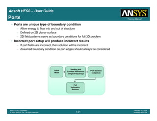 Introduction
1-21
ANSYS, Inc. Proprietary
© 2009 ANSYS, Inc. All rights reserved.
February 23, 2009
Inventory #002593
Training ManualTraining Manual
4-21
ANSYS, Inc. Proprietary
© 2009 ANSYS, Inc. All rights reserved.
February 20, 2009
Inventory #002704
Ansoft HFSS – User Guide
Ports
• Ports are unique type of boundary condition
– Allow energy to flow into and out of structure
– Defined on 2D planar surface
– 2D field patterns serve as boundary conditions for full 3D problem
• Incorrect port setup will produce incorrect results
– If port fields are incorrect, then solution will be incorrect
– Assumed boundary condition on port edges should always be considered
Initial
Mesh
Seeding and
Lambda Refinement
(Single Frequency)
Port Solution
(Adaptive)
Full
Volumetric
Solution
 