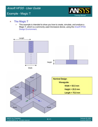 Training Manual
Ansoft HFSS – User Guide
6.1-1
ANSYS, Inc. Proprietary
© 2009 ANSYS, Inc. All rights reserved.
February 20, 2009
Inventory #002704
Example – Magic T
The Magic T
This example is intended to show you how to create, simulate, and analyze a
Magic T, which is a commonly used microwave device, using the Ansoft HFSS
Design Environment.
Nominal Design:Nominal Design:Nominal Design:Nominal Design:
Waveguide:Waveguide:Waveguide:Waveguide:
Width = 50.0 mmWidth = 50.0 mmWidth = 50.0 mmWidth = 50.0 mm
Height = 20.0 mmHeight = 20.0 mmHeight = 20.0 mmHeight = 20.0 mm
Length =Length =Length =Length = 75.0 mm75.0 mm75.0 mm75.0 mm
Port1
Port2
Port3 Port4
Width
Length
Height
 