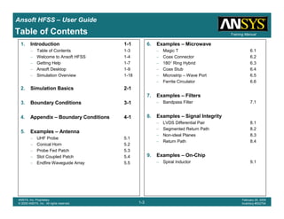 Introduction
1-3
ANSYS, Inc. Proprietary
© 2009 ANSYS, Inc. All rights reserved.
February 23, 2009
Inventory #002593
Training ManualTraining Manual
1-3
ANSYS, Inc. Proprietary
© 2009 ANSYS, Inc. All rights reserved.
February 20, 2009
Inventory #002704
Ansoft HFSS – User Guide
Table of Contents
1. Introduction 1-1
– Table of Contents 1-3
– Welcome to Ansoft HFSS 1-4
– Getting Help 1-7
– Ansoft Desktop 1-9
– Simulation Overview 1-18
2. Simulation Basics 2-1
3. Boundary Conditions 3-1
4. Appendix – Boundary Conditions 4-1
5. Examples – Antenna
– UHF Probe 5.1
– Conical Horn 5.2
– Probe Fed Patch 5.3
– Slot Coupled Patch 5.4
– Endfire Waveguide Array 5.5
6. Examples – Microwave
– Magic T 6.1
– Coax Connector 6.2
– 180° Ring Hybrid 6.3
– Coax Stub 6.4
– Microstrip – Wave Port 6.5
– Ferrite Circulator 6.6
7. Examples – Filters
– Bandpass Filter 7.1
8. Examples – Signal Integrity
– LVDS Differential Pair 8.1
– Segmented Return Path 8.2
– Non-ideal Planes 8.3
– Return Path 8.4
9. Examples – On-Chip
– Spiral Inductor 9.1
 