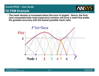 Introduction
1-10
ANSYS, Inc. Proprietary
© 2009 ANSYS, Inc. All rights reserved.
February 23, 2009
Inventory #002593
Training ManualTraining Manual
2-10
ANSYS, Inc. Proprietary
© 2009 ANSYS, Inc. All rights reserved.
February 20, 2009
Inventory #002704
Ansoft HFSS – User Guide
1D FEM Example
• The mesh density is increased where the error is largest. Hence, the final
(and computationally most expensive) solution will have a mesh that yields
the greatest accuracy with the fewest possible mesh cells.
x
F(x)
1
Node 1 2 3 4 5 6 7
F’(x)=ΣΣΣΣa wi i
 