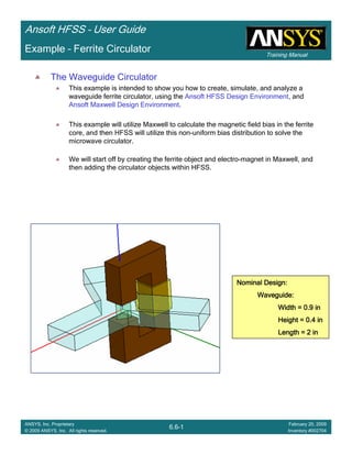 Training Manual
Ansoft HFSS – User Guide
6.6-1
ANSYS, Inc. Proprietary
© 2009 ANSYS, Inc. All rights reserved.
February 20, 2009
Inventory #002704
Example – Ferrite Circulator
The Waveguide Circulator
This example is intended to show you how to create, simulate, and analyze a
waveguide ferrite circulator, using the Ansoft HFSS Design Environment, and
Ansoft Maxwell Design Environment.
This example will utilize Maxwell to calculate the magnetic field bias in the ferrite
core, and then HFSS will utilize this non-uniform bias distribution to solve the
microwave circulator.
We will start off by creating the ferrite object and electro-magnet in Maxwell, and
then adding the circulator objects within HFSS.
Nominal Design:Nominal Design:Nominal Design:Nominal Design:
Waveguide:Waveguide:Waveguide:Waveguide:
Width = 0.9 inWidth = 0.9 inWidth = 0.9 inWidth = 0.9 in
Height = 0.4 inHeight = 0.4 inHeight = 0.4 inHeight = 0.4 in
Length =Length =Length =Length = 2 in2 in2 in2 in
 