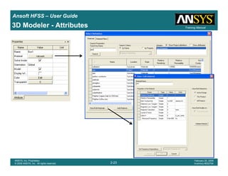 Introduction
1-23
ANSYS, Inc. Proprietary
© 2009 ANSYS, Inc. All rights reserved.
February 23, 2009
Inventory #002593
Training ManualTraining Manual
2-23
ANSYS, Inc. Proprietary
© 2009 ANSYS, Inc. All rights reserved.
February 20, 2009
Inventory #002704
Ansoft HFSS – User Guide
3D Modeler - Attributes
 