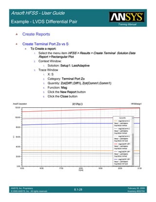 Training Manual
Ansoft HFSS – User Guide
8.1-28
ANSYS, Inc. Proprietary
© 2009 ANSYS, Inc. All rights reserved.
February 20, 2009
Inventory #002704
Example – LVDS Differential Pair
Create Reports
Create Terminal Port Zo vs SCreate Terminal Port Zo vs SCreate Terminal Port Zo vs SCreate Terminal Port Zo vs S
To Create a report:To Create a report:To Create a report:To Create a report:
1. Select the menu item HFSS > Results > Create Terminal Solution DataHFSS > Results > Create Terminal Solution DataHFSS > Results > Create Terminal Solution DataHFSS > Results > Create Terminal Solution Data
Report >Report >Report >Report > Rectangular PlotRectangular PlotRectangular PlotRectangular Plot
2. Context Window:
1. Solution: Setup1: LastAdaptiveSetup1: LastAdaptiveSetup1: LastAdaptiveSetup1: LastAdaptive
3. Trace Window
1. X: S
2. Category: Terminal Port ZoTerminal Port ZoTerminal Port ZoTerminal Port Zo
3. Quantity: Zot(Diff1,Diff1), Zot(Comm1,Comm1)Zot(Diff1,Diff1), Zot(Comm1,Comm1)Zot(Diff1,Diff1), Zot(Comm1,Comm1)Zot(Diff1,Diff1), Zot(Comm1,Comm1)
4. Function: MagMagMagMag
5. Click the New ReportNew ReportNew ReportNew Report button
6. Click the CloseCloseCloseClose button
15.00 16.00 17.00 18.00 19.00 20.00 21.00
S[mil]
0.00
20.00
40.00
60.00
80.00
100.00
120.00
Y1
Ansoft Corporation HFSSDesign1XYPlot 3
CurveInfo
mag(Zot(Comm1,C
Setup1: LastAdaptive
Freq='8GHz' W='6mil'
mag(Zot(Comm1,C
Setup1: LastAdaptive
Freq='8GHz' W='9mil'
mag(Zot(Comm1,C
Setup1: LastAdaptive
Freq='8GHz' W='12mil'
mag(Zot(Diff1,Diff1
Setup1: LastAdaptive
Freq='8GHz' W='6mil'
mag(Zot(Diff1,Diff1
Setup1: LastAdaptive
Freq='8GHz' W='9mil'
mag(Zot(Diff1,Diff1
Setup1: LastAdaptive
Freq='8GHz' W='12mil'
 