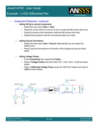 Training Manual
Ansoft HFSS – User Guide
8.1-36
ANSYS, Inc. Proprietary
© 2009 ANSYS, Inc. All rights reserved.
February 20, 2009
Inventory #002704
Example – LVDS Differential Pair
Component PlacementComponent PlacementComponent PlacementComponent Placement –––– continuedcontinuedcontinuedcontinued
Adding Wiring to connect componentsAdding Wiring to connect componentsAdding Wiring to connect componentsAdding Wiring to connect components
1. Select the menu item DrawDrawDrawDraw ----> Wire> Wire> Wire> Wire
2. Place the cursor (which is now an X) over a node and left mouse click once
3. Drag the mouse to the connection node and left mouse click once.
4. Repeat this procedure until the connections below are made
Adding Ground ConnectionsAdding Ground ConnectionsAdding Ground ConnectionsAdding Ground Connections
1. Select the menu item Draw > GroundDraw > GroundDraw > GroundDraw > Ground (alternatively you can select the
toolbar icon)
2. Place 2 ground connections on the ends of the voltage sources as shown
below
Adding Voltage ProbesAdding Voltage ProbesAdding Voltage ProbesAdding Voltage Probes
1. In the ComponentsComponentsComponentsComponents tab, expand the Probes.Probes.Probes.Probes.
2. Place 4 Voltage ProbesVoltage ProbesVoltage ProbesVoltage Probes and name them Vin1, Vin2, Vout1, Vout2 as shown
below.
3. Place a Differential Voltage ProbeDifferential Voltage ProbeDifferential Voltage ProbeDifferential Voltage Probe across the 100 Ohm resistor and name it
VdiffVdiffVdiffVdiff as shown below....
 