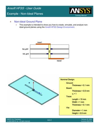 Training Manual
Ansoft HFSS – User Guide
8.3-1
ANSYS, Inc. Proprietary
© 2009 ANSYS, Inc. All rights reserved.
February 20, 2009
Inventory #002704
Example – Non-Ideal Planes
Non-Ideal Ground Plane
This example is intended to show you how to create, simulate, and analyze non-
ideal ground planes using the Ansoft HFSS Design Environment.
Nominal Design:Nominal Design:Nominal Design:Nominal Design:
Ground:Ground:Ground:Ground:
Thickness = 0.1 mmThickness = 0.1 mmThickness = 0.1 mmThickness = 0.1 mm
Board:Board:Board:Board:
Thickness = 0.9 mmThickness = 0.9 mmThickness = 0.9 mmThickness = 0.9 mm
εεεεrrrr = 1= 1= 1= 1
Trace:Trace:Trace:Trace:
Length = 10 mmLength = 10 mmLength = 10 mmLength = 10 mm
Width = 1 mmWidth = 1 mmWidth = 1 mmWidth = 1 mm
Thickness = 0.1 mmThickness = 0.1 mmThickness = 0.1 mmThickness = 0.1 mm
Via:Via:Via:Via:
Diameter = 1 mmDiameter = 1 mmDiameter = 1 mmDiameter = 1 mm
Height = 0.9 mmHeight = 0.9 mmHeight = 0.9 mmHeight = 0.9 mm
bot_gndbot_gndbot_gndbot_gnd
top_gndtop_gndtop_gndtop_gnd
trace1trace1trace1trace1
ViaViaViaVia
trace2trace2trace2trace2
 