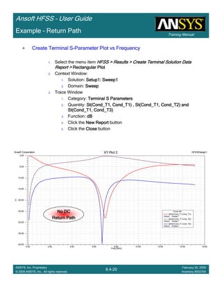 Training Manual
Ansoft HFSS – User Guide
8.4-20
ANSYS, Inc. Proprietary
© 2009 ANSYS, Inc. All rights reserved.
February 20, 2009
Inventory #002704
Example – Return Path
0.00 2.00 4.00 6.00 8.00 10.00 12.00 14.00 16.00
Freq [GHz]
-40.00
-35.00
-30.00
-25.00
-20.00
-15.00
-10.00
-5.00
0.00
Y1
Ansoft Corporation HFSSDesign1XY Plot 2
Curve Info
dB(St(Cond_T1,Cond_T1))
Setup1 : Sweep1
dB(St(Cond_T1,Cond_T2))
Setup1 : Sweep1
dB(St(Cond_T1,Cond_T3))
Setup1 : Sweep1
Create TerminalCreate TerminalCreate TerminalCreate Terminal SSSS----Parameter Plot vs FrequencyParameter Plot vs FrequencyParameter Plot vs FrequencyParameter Plot vs Frequency
1. Select the menu item HFSS > Results > Create Terminal Solution DataHFSS > Results > Create Terminal Solution DataHFSS > Results > Create Terminal Solution DataHFSS > Results > Create Terminal Solution Data
Report >Report >Report >Report > Rectangular PlotRectangular PlotRectangular PlotRectangular Plot
2. Context Window:
1. Solution: Setup1: Sweep1Setup1: Sweep1Setup1: Sweep1Setup1: Sweep1
2. Domain: SweepSweepSweepSweep
3. Trace Window
1. Category: Terminal S ParametersTerminal S ParametersTerminal S ParametersTerminal S Parameters
2. Quantity: St(Cond_T1, Cond_T1) , St(Cond_T1, Cond_T2) andSt(Cond_T1, Cond_T1) , St(Cond_T1, Cond_T2) andSt(Cond_T1, Cond_T1) , St(Cond_T1, Cond_T2) andSt(Cond_T1, Cond_T1) , St(Cond_T1, Cond_T2) and
St(Cond_T1, Cond_T3)St(Cond_T1, Cond_T3)St(Cond_T1, Cond_T3)St(Cond_T1, Cond_T3)
3. Function: dBdBdBdB
4. Click the New ReportNew ReportNew ReportNew Report button
5. Click the CloseCloseCloseClose button
No DCNo DCNo DCNo DC
Return PathReturn PathReturn PathReturn Path
 