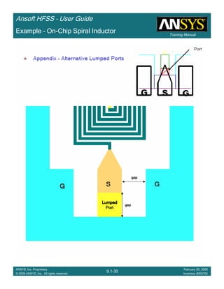 Training Manual
Ansoft HFSS – User Guide
9.1-30
ANSYS, Inc. Proprietary
© 2009 ANSYS, Inc. All rights reserved.
February 20, 2009
Inventory #002704
Example – On-Chip Spiral Inductor
 