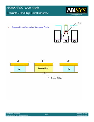 Training Manual
Ansoft HFSS – User Guide
9.1-31
ANSYS, Inc. Proprietary
© 2009 ANSYS, Inc. All rights reserved.
February 20, 2009
Inventory #002704
Example – On-Chip Spiral Inductor
 