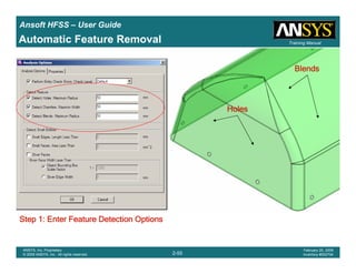 Introduction
1-55
ANSYS, Inc. Proprietary
© 2009 ANSYS, Inc. All rights reserved.
February 23, 2009
Inventory #002593
Training ManualTraining Manual
2-55
ANSYS, Inc. Proprietary
© 2009 ANSYS, Inc. All rights reserved.
February 20, 2009
Inventory #002704
Ansoft HFSS – User Guide
Automatic Feature Removal
HolesHolesHolesHoles
BlendsBlendsBlendsBlends
Step 1: Enter Feature Detection OptionsStep 1: Enter Feature Detection OptionsStep 1: Enter Feature Detection OptionsStep 1: Enter Feature Detection Options
 