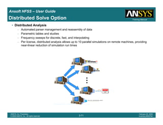 Introduction
1-71
ANSYS, Inc. Proprietary
© 2009 ANSYS, Inc. All rights reserved.
February 23, 2009
Inventory #002593
Training ManualTraining Manual
2-71
ANSYS, Inc. Proprietary
© 2009 ANSYS, Inc. All rights reserved.
February 20, 2009
Inventory #002704
Ansoft HFSS – User Guide
Distributed Solve Option
• Distributed Analysis
– Automated parser management and reassembly of data
– Parametric tables and studies
– Frequency sweeps for discrete, fast, and interpolating
– Per license, distributed analysis allows up to 10 parallel simulations on remote machines, providing
near-linear reduction of simulation run times
 