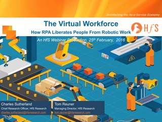 Architecting the As-a-Service Economy
The Virtual Workforce
Charles Sutherland
Chief Research Officer, HfS Research
charles.sutherland@hfsresearch.com
How RPA Liberates People From Robotic Work
An HfS Webinar Production, 25th February, 2016
Tom Reuner
Managing Director, HfS Research
tom.reuner@hfsresearch.com
 