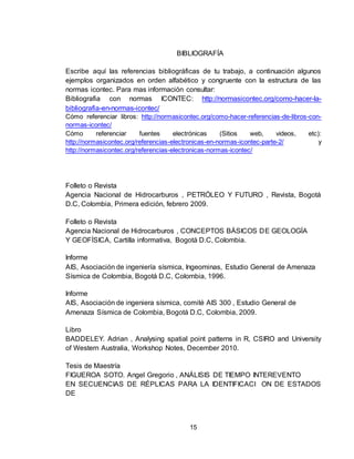15
BIBLIOGRAFÍA
Escribe aquí las referencias bibliográficas de tu trabajo, a continuación algunos
ejemplos organizados en orden alfabético y congruente con la estructura de las
normas icontec. Para mas información consultar:
Bibliografia con normas ICONTEC: http://normasicontec.org/como-hacer-la-
bibliografia-en-normas-icontec/
Cómo referenciar libros: http://normasicontec.org/como-hacer-referencias-de-libros-con-
normas-icontec/
Cómo referenciar fuentes electrónicas (Sitios web, videos, etc):
http://normasicontec.org/referencias-electronicas-en-normas-icontec-parte-2/ y
http://normasicontec.org/referencias-electronicas-normas-icontec/
Folleto o Revista
Agencia Nacional de Hidrocarburos , PETRÓLEO Y FUTURO , Revista, Bogotá
D.C, Colombia, Primera edición, febrero 2009.
Folleto o Revista
Agencia Nacional de Hidrocarburos , CONCEPTOS BÁSICOS DE GEOLOGÍA
Y GEOFÍSICA, Cartilla informativa, Bogotá D.C, Colombia.
Informe
AIS, Asociación de ingeniería sísmica, Ingeominas, Estudio General de Amenaza
Sísmica de Colombia, Bogotá D.C, Colombia, 1996.
Informe
AIS, Asociación de ingeniera sísmica, comité AIS 300 , Estudio General de
Amenaza Sísmica de Colombia, Bogotá D.C, Colombia, 2009.
Libro
BADDELEY. Adrian , Analysing spatial point patterns in R, CSIRO and University
of Western Australia, Workshop Notes, December 2010.
Tesis de Maestría
FIGUEROA SOTO. Angel Gregorio , ANÁLISIS DE TIEMPO INTEREVENTO
EN SECUENCIAS DE RÉPLICAS PARA LA IDENTIFICACI ON DE ESTADOS
DE
 