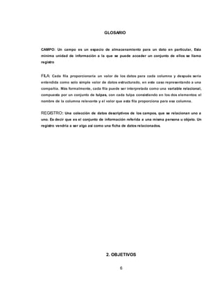 6
GLOSARIO
CAMPO: Un campo es un espacio de almacenamiento para un dato en particular, Esla
mínima unidad de información a la que se puede acceder un conjunto de ellos se llama
registro
FILA: Cada fila proporcionaría un valor de los datos para cada columna y después sería
entendida como solo simple valor de datos estructurado, en este caso representando a una
compañía. Más formalmente, cada fila puede ser interpretada como una variable relacional,
compuesta por un conjunto de tulpas, con cada tulpa consistiendo en los dos elementos: el
nombre de la columna relevante y el valor que esta fila proporciona para esa columna.
REGISTRO: Una colección de datos descriptivos de los campos, que se relacionan uno a
uno. Es decir que es el conjunto de información referida a una misma persona u objeto. Un
registro vendría a ser algo así como una ficha de datos relacionados.
2. OBJETIVOS
 