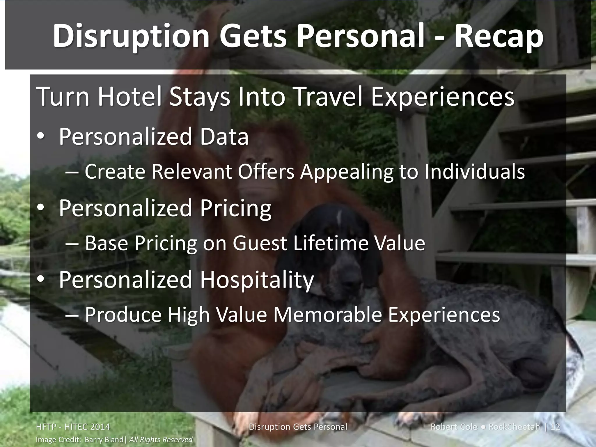 Disruption Gets Personal - Recap
Turn Hotel Stays Into Travel Experiences
• Personalized Data
– Create Relevant Offers Appealing to Individuals
• Personalized Pricing
– Base Pricing on Guest Lifetime Value
• Personalized Hospitality
– Produce High Value Memorable Experiences
HFTP - HITEC 2014 Disruption Gets Personal Robert Cole ● RockCheetah | 12
Image Credit: Barry Bland| All Rights Reserved
 