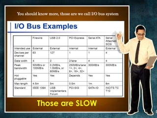You should know more, those are we call I/O bus system 
Those are SLOW 
 