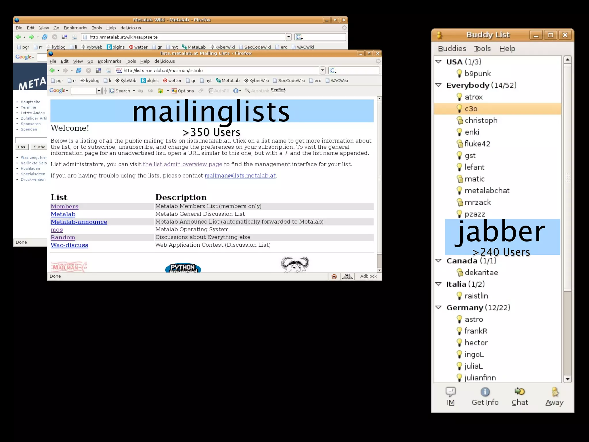 mailinglists
     wiki
   >350 Users

      >130 User




                  jabber
                   >240 Users
 