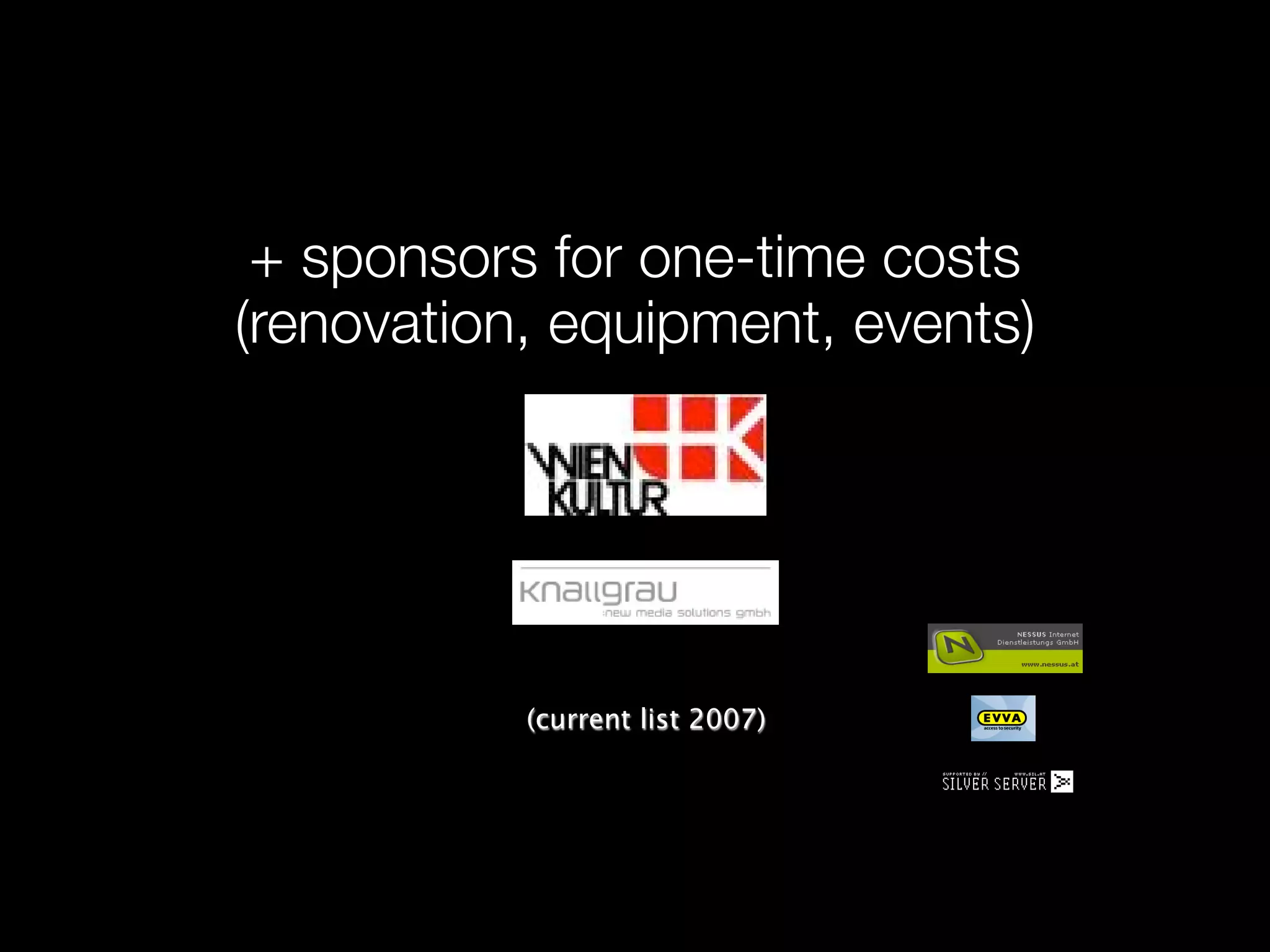 + sponsors for one-time costs
(renovation, equipment, events)




           (current list 2007)
 