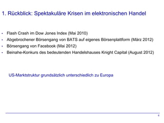 1. Rückblick: Spektakuläre Krisen im elektronischen Handel


•   Flash Crash im Dow Jones Index (Mai 2010)
•   Abgebrochener Börsengang von BATS auf eigenes Börsenplattform (März 2012)
•   Börsengang von Facebook (Mai 2012)
•   Beinahe-Konkurs des bedeutenden Handelshauses Knight Capital (August 2012)




    US-Marktstruktur grundsätzlich unterschiedlich zu Europa




                                                                                 6
 