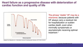 Heart failure as a progressive disease with deterioration of
cardiac function and quality of life
Adapted from Mesquita et al., International Journal of Cardiovascular Sciences. 2017;30(1):81-9012
The phrase “stable” HF may be a
misnomer, because patients with
HF always carry a residual risk
for hospitalization or sudden
cardiac death, even when
minimally symptomatic or
asymptomatic receiving optimal
treatment 1
1. J Cardiac Fail 2021;00:127
 