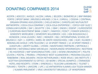 DONATING COMPANIES 2014
ACERTA | ADECCO | AHOLD | ALCON | ARVAL | BELDEN | BIOMERIEUX | BNP PARIBAS
FORTIS | BPOST BANK | BRUSSELS AIRLINES | C & A | CARGILL | CEGEKA | CENTRAAL
ORGAAN OPVANG ASIELZOEKERS | CHELLO MEDIA | CHRISTELIJKE MUTUALTEIT
ANTWERPEN | COCA-COLA COMPANY | COCA-COLA ENTERPRISE | COFELY-GDF-SUEZ |
CONSILIUM EUROPA | DAF | DELOITTE | DHL | EBAY | ENEXIS | ESSENT | EUROCENTER
| EUROPEAN INVESTMENT BANK | EXACT | FAMIFED | FEDICT | FOKKER SERVICES |
GEMEENTE MERELBEKE | GEMEENTE WILLEBROEK | GS1 | GSK BIOLOIGICALS |
HEINEKEN | HIVA LEUVEN | IMEC | INDAVER | ING | INTERNATIONAL SCHOOL OF
BRUSSELS | ISZF | J. CORTES | KAREL DE GROTE HOGESCHOOL | KBC | KLM | KLUWER |
KONINKLIJKE AHOLD | KPN TELECOM | LE 10 SPORT FRANCE | LE 10 SPORT FRANCE |
LEASEPLAN | LIBERTY GLOBAL | LYDIAN | MAINTEANCE PARTNERS | MFPDEALS |
MOBISTAR | NATIONALE BANK VAN BELGIE | NEDERLANDSE SPOORWEGEN | NEDTRAIN
| NS HIGHSPEED | NXP SEMICONDUCTORS | OCE | OCMW ZWIJNDRECHT | POLITIE
LEUVEN | POSTNL | PRORAIL | PROVINCIE WEST-VLAANDEREN | PROVONA COLLEGE |
RABOBANK | REAL DOLMEN | RICOH NETHERLANDS | RODE KRUIS | SAS INSTITUTE |
SCOTTISH GOVERNMENT EU OFFICE | SD WORX | SPECIAL OLYMPICS | STARWOOD
HOTEL AND RESORTS | STORK | SYNERGICS | TELECOM LUXEMBURG | TELENET |
TERUMO | TOYOTA | UMICORE | UPC | UZ ANTWERPEN VLAAMS LIGA TEGEN KANKER
| VLAAMS PARLEMENT | VRIJE UNIVERSITEIT BRUSSELS | ZF WINDPOWER
 