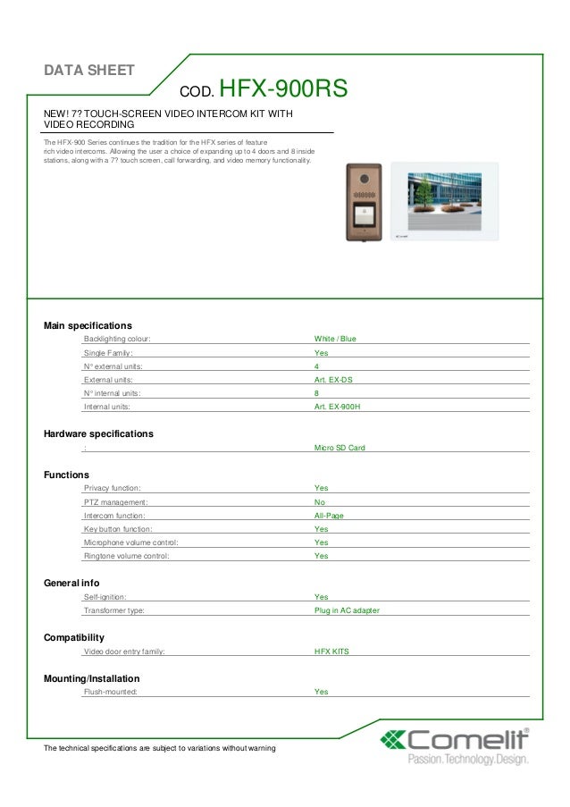 User manual for comelit hfx-900rs series 7 touchscreen video hfx-900rs download