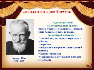 «Драми-дискусії»
(«Інтелектуальна драма»)
Відомі п’єси: «Пігмаліон», «Професія
місіс Уорен», «Учень диявола».
Характерні особливості:
глядачі як учасники театрального
дійства;
парадокс;
поєднання жанрових ознак драми і
роману;
відкритий фінал;
звернення до актуальних проблем
сучасності.
«ФУНДАТОРИ «НОВОЇ ДРАМИ»
Бернард Шоу
(1856 -1950)
 