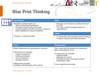 Blue Print Thinking Role:  expert who formulates and implements plans if mandated to do so Competencies for example: analytical skills planning and control expertise crucial to the project content presentation skills. Focus:  expertise and results Result: delineated and guaranteed in advance Interventions for example:   project management meeting procedures time management strategic analysis. Safeguarding progress: monitoring, benchmarking, ISO systems Change agent Route To steamroller about people and their feelings To ignore irrational and external factors Something changes when you:  define a clear result beforehand formulate a step by step action plan monitor progress and take corrective measures foster stability and reduce complexity. “ Change = a rational process” Pitfalls Progress can be planned; a better world can be ´built´ The ´best´ solution (tangible aspects of organizations) Ideals Assumptions 