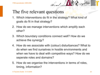 The five relevant questions Which interventions do fit in the strategy? What kind of goals do fit in that strategy?  How do we manage interventions which amplify each other?  Which boundary conditions connect well? How do we achieve the synergy? How do we associate with (colour) disturbances? What to do when we find ourselves in hostile environments  and when we have to deal with competitve ways?  How do we seperate roles and domains?  How do we organise the interventions in terms of roles, timing, information?  