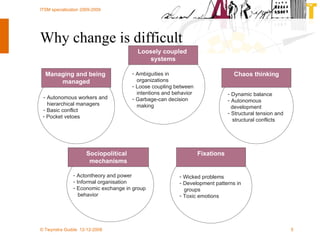 Why change is difficult Autonomous workers and  hierarchical managers  Basic conflict  Pocket vetoes  Managing and being  managed Ambiguities in  organizations Loose coupling between  intentions and behavior Garbage-can decision  making Loosely coupled  systems Dynamic balance Autonomous  development Structural tension and  structural conflicts Chaos thinking Actontheory and power  Informal organisation  Economic exchange in group  behavior  Sociopolitical  mechanisms Wicked problems Development patterns in  groups Toxic emotions Fixations 