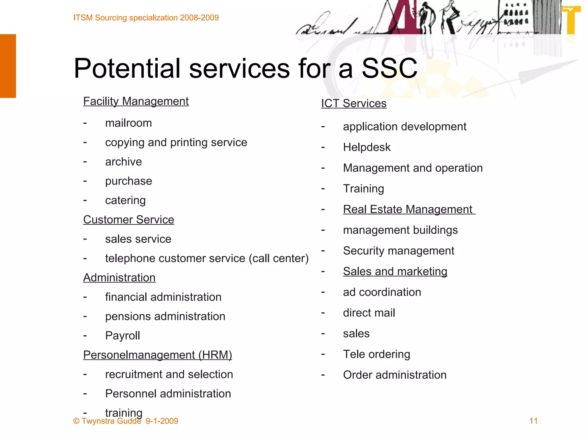 Potential services for a SSC Facility Management mailroom  copying and printing service archive  purchase  catering Customer Service sales service telephone customer service (call center) Administration financial administration  pensions administration  Payroll Personelmanagement (HRM) recruitment and selection  Personnel administration training ICT Services application development Helpdesk  Management and operation  Training Real Estate Management  management buildings Security management Sales and marketing ad coordination  direct mail  sales Tele ordering  Order administration 