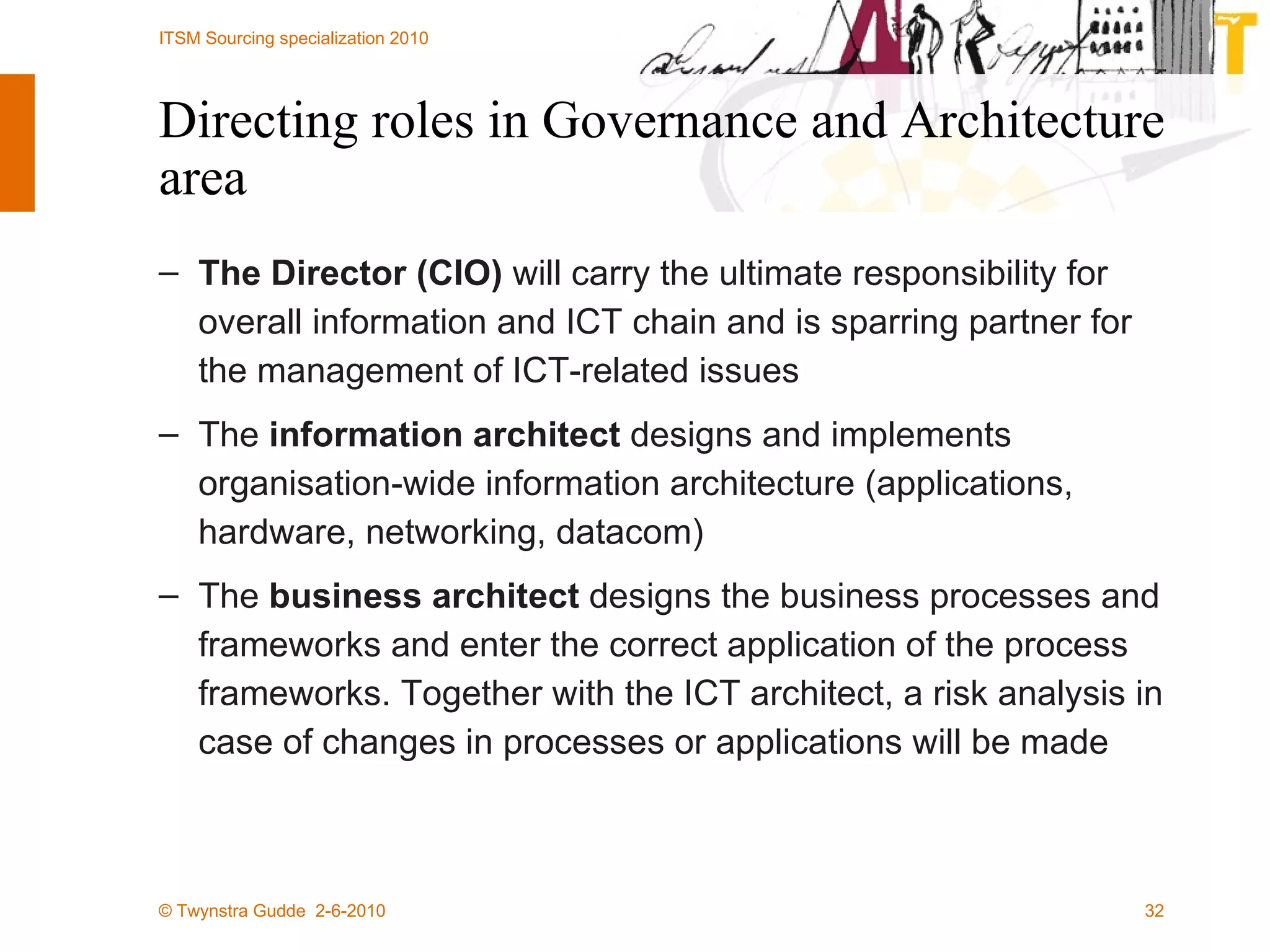 Directing roles in Governance and Architecture area The Director (CIO)  will carry the ultimate responsibility for overall information and ICT chain and is sparring partner for the management of ICT-related issues  The  information architect  designs and implements organisation-wide information architecture (applications, hardware, networking, datacom)  The  business architect  designs the business processes and frameworks and enter the correct application of the process frameworks. Together with the ICT architect, a risk analysis in case of changes in processes or applications will be made 