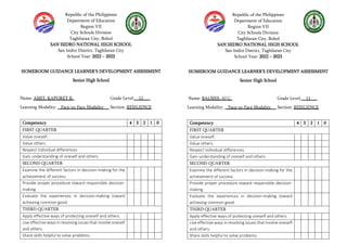 Republic of the Philippines
Department of Education
Region VII
City Schools Division
Tagbilaran City, Bohol
SAN ISIDRO NATIONAL HIGH SCHOOL
San Isidro District, Tagbilaran City
School Year: 2022 – 2023
HOMEROOM GUIDANCE LEARNER’S DEVELOPMENT ASSESSMENT
Senior High School
Name: AMIT, KAPORET B. Grade Level: 11___
Learning Modality: Face-to-Face Modality Section: RESILIENCE
Competency 4 3 2 1 0
FIRST QUARTER
Value oneself.
Value others.
Respect individual differences.
Gain understanding of oneself and others.
SECOND QUARTER
Examine the different factors in decision-making for the
achievement of success.
Provide proper procedure toward responsible decision-
making.
Evaluate the experiences in decision-making toward
achieving common good.
THIRD QUARTER
Apply effective ways of protecting oneself and others.
Live effective ways in resolving issues that involve oneself
and others.
Share skills helpful to solve problems.
Republic of the Philippines
Department of Education
Region VII
City Schools Division
Tagbilaran City, Bohol
SAN ISIDRO NATIONAL HIGH SCHOOL
San Isidro District, Tagbilaran City
School Year: 2022 – 2023
HOMEROOM GUIDANCE LEARNER’S DEVELOPMENT ASSESSMENT
Senior High School
Name: BALMES, AJ C. Grade Level: 11___
Learning Modality: Face-to-Face Modality Section: RESILIENCE
Competency 4 3 2 1 0
FIRST QUARTER
Value oneself.
Value others.
Respect individual differences.
Gain understanding of oneself and others.
SECOND QUARTER
Examine the different factors in decision-making for the
achievement of success.
Provide proper procedure toward responsible decision-
making.
Evaluate the experiences in decision-making toward
achieving common good.
THIRD QUARTER
Apply effective ways of protecting oneself and others.
Live effective ways in resolving issues that involve oneself
and others.
Share skills helpful to solve problems.
 