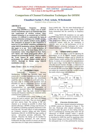 Chaudhari Sachin V, Prof. A M Deshmukh / International Journal of Engineering Research
and Applications (IJERA) ISSN: 2248-9622 www.ijera.com
Vol. 3, Issue 4, Jul-Aug 2013, pp.1336-1339
1336 | P a g e
Comparison of Channel Estimation Techniques for OFDM
Chaudhari Sachin V, Prof. Achala. M Deshmukh
Sinhghad College of Engineering, Pune
ABSTRACT
Orthogonal frequency division
multiplexing (OFDM) is a unique case of multi-
carrier transmission and it can maintain high data
rate requirement of wireless systems. Since
channel estimation is an essential part of OFDM
systems, it is difficult to understand the basis of
channel estimation techniques for OFDM systems,
so that the most suitable method can be applied.
The estimation of channel at pilot frequencies is
based on LS and MMSE estimation techniques by
using 16QAM modulation scheme. The purpose of
this paper is to use MAT LAB simulation of
OFDM to see how the Bit Error Ratio (BER) of a
transmission varies when Signal to Noise Ratio
(S/N Ratio) and Multi propagation effects are
changed on transmission channel. Also to compare
the Least Square & mean squared error
performance for various channel models such as
AWGN, Rayleigh & Rician using 16QAM
modulation scheme.
Index Terms— BER, ISI, OFDM, S/N,QAM
I. INTRODUCTION
Orthogonal Frequency Division
Multiplexing (OFDM) has presently been used
extensively in wireless communication due to its tall
bandwidth efficiency, high data rate transmission
capability and its robustness to multi-path delay. It
has been used in wireless LAN standards such as
IEEE802.11a and in multimedia wireless services
such as Japanese Multimedia Mobile Access
Communications. A appropriate estimation of
channel is necessary before the demodulation of
OFDM signals. Since the radio channel is time-
varying and frequency selective for wideband mobile
communication systems [1].
In an OFDM system a large number of sub-
carriers are used to transmit data. Each sub-channel
is orthogonal to every other. They are closely spaced
and have narrow band. The parting of the sub-
channels is as minimal as possible to obtain high
spectral efficiency. OFDM is being used because of
its capability of handling multipath interference at the
receiving end, The main effects of multi propagation
are Frequency selective fading and Inter Symbol
Interference (ISI) [2]. In OFDM the huge number of
narrow sub-carriers provides sufficiently “flat”
channels. Therefore the fading can be handled by
simple equalizing techniques for each channel.
Furthermore the large amount of carriers can provide
same data rates of a single carrier modulation at a
lower symbol rate. The two main disadvantages of
OFDM are the large dynamic range of the signals
being transmitted and the sensitivity to frequency
errors.
Using MATLAB simulation we can apply
an OFDM transmission. Using the simulation we can
easily change the values of S/N ratio and change the
multi propagation effects on the transmission. The
modulation scheme used for the simulation is
16QAM, were we see the performance of LS &
MMSE channel estimation techniques for various
channel models such as AWGN, Rayleigh & Rician.
II. OFDM SIMULATION
Code in this paper is used for checking the
performance of LS & MMSE channel estimation
techniques. Modulation scheme used is 16QAM for
various channel models such as AWGN, Rayleigh &
Rician. A scheme of every part of the implementation
can be seen in Fig 1. In the end of the transmission,
when the receiver receives the data, a comparison of
the transmitted and the received data is done in order
to calculate the Bit Error Rate (BER).This paper does
not explain the simulation Code, but it points towards
the results which we get after simulation.
Fig.1: OFDM modulation scheme
III. CHANNEL ESTIMATION
The two basic channel estimation techniques
in OFDM systems are illustrated in Figure 2. The
first one, block-type pilot channel estimation, is
developed under the guess of slow fading channel,
and it is performed by inserting pilot tones into all
subcarriers of OFDM symbols within a specific
period. The second one, comb-type estimation, which
is introduced to fulfill the need for equalizing when
the channel changes even from one OFDM block to
the subsequent one. It is thus performed by inserting
 