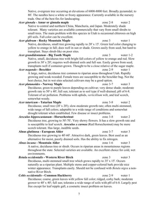 Native, evergreen tree occurring at elevations of 6000-8000 feet. Broadly pyramidal, to
        80'. The needles have a white or frosty appearance. Currently available in the nursery
        trade. One of the best firs for landscaping.
Acer ginnala - Amur or ginnala maple                                     zone 2-8       water 2
        Native to central and northern China, Manchuria, and Japan. Moderately shade
        tolerant. Many varieties are available commercially that vary from small shrubs to
        small trees. The main problem with this species in Utah is occasional chlorosis on high
        pH soils. Fall color can be excellent.
Acer glabrum - Rocky Mountain Maple                                      zone 3         water 1
        Native, deciduous, small tree growing rapidly to 20' x 15'. Green leaf color changing to
        yellow to orange in fall; does well in sun or shade. Grown easily from seed, but hard to
        transplant. Stays shrub-like on poor sites.
Acer grandidentatum - Big Tooth Maple                                    zone 3         water 1-2
        Native, small, deciduous tree with bright fall colors of yellow to orange and red. Slow
        growth to 30' x 20'; requires well-drained soils and full sun. Easily grown from seed,
        transplants well if container-grown. Thought to be a close relative of the sugar maple.
Acer negundo - Boxelder                                                  zone 2-9       water 1
        A large, native, deciduous tree common to riparian areas throughout Utah. Rapidly
        growing and weak-wooded. Female trees are susceptible to the boxelder bug. Not the
        best choice, but in wet sites selected cultivars may be a good option.
Acer platanoides - Norway Maple                                          zone 3-7       water 3
        Deciduous; green to purple leaves depending on cultivar; very dense shade; moderate
        growth rate to 50' x 40'; full sun; tolerant as to soil type if well-drained; pH of 6-8.
        Tolerant of air pollution. Problems with aphids, verticillium wilt, and leaf scorch,
        somewhat weedy.
Acer tataricum - Tatarian Maple                                          zone 3-8       water 2
        Deciduous; small tree (20' x 20'); slow-moderate growth rate; often multi-stemmed;
        wide range of fall colors; adaptable to a wide range of conditions and somewhat
        drought tolerant when established. Few disease or insect problems.
Aesculus hipposcastanum - Horsechestnut                                  zone 3-8       water 2
        Deciduous tree, growing to 50'-70'. Very showy flowers. It has a slow growth rate and
        is susceptible to leaf scorch. Aesculus x carnea (Red Horsechestnut) may be more
        scorch tolerant. Has large, inedible seeds.
Alnus glutinosa - European Alder                                         zone 3-7       water 3
        Deciduous tree growing to 40'-60'. Attractive dark, green leaves. Best used as an
        alternative for moist, poorly drained soils. Has the ability to fix nitrogen.
Alnus incana - Mountain Alder                                            zone 1-6       water 3
        A native, deciduous tree or shrub. Occurs in riparian areas in mountainous regions
        throughout the state. Selected varieties are available. An excellent choice for cold, wet
        environments.
Betula occidentalis - Western River Birch                                zone 3         water 3
        Deciduous, multi-stemmed small tree which grows rapidly to 35' x 15'. Occurs
        naturally as a riparian plant. Multiple stems and copper-colored bark provide nice
        winter appearance. Transplants easily. Should not be confused with Betula nigra a non-
        native River Birch.
Celtis occidentalis - Common Hackberry                                   zone 2-9       water 1
        Deciduous; coarse, green leaves with yellow fall color; ridged, corky bark; moderate
        grower to 40' x 40'; full sun; tolerates a wide range of soils with pH of 6-8. Largely pest
        free except for leaf nipple gall, a cosmetic insect problem on leaves.

                                                 7
 