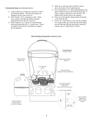 4) Drill one ¾ inch hole with a drill bit 2 inches
Construction Steps (see illustration below):                                      above the bottom of the 5-gallon bucket.
                                                                               5) Cut a 6-inch piece of ½ inch (inside diameter) clear
    1) Using a saber saw or band saw cut the lid so that it                       plastic tubing; wrap one end with electrical tape, to
       fits inside the bucket. (The lid will separate the                         create a snug fit, and insert it into the hole. The
       medium from the water reservoir).                                          tubing will sit directly below the separator.
    2) Drill 15 holes, 5/16" in diameter, in lid. (Plant                       6) Drive screw through the tubing (inside the bucket),
       roots will grow through the medium and pass                                1 inch from the end.
       through these holes into the reservoir.)                                7) Cut an “X” with a knife or razor into the shoulder
    3) With a hacksaw, cut 3 pieces of 4-inch diameter                            of a 1-gallon milk jug. Insert the end of the tubing
       black perforated drain tile 2 ½ inches long. (These                        into the milk jug and raise the bucket 8 inches by
       are placed in the bottom of the bucket to support                          setting it up on a cinder block or bricks.
       the lid-separator).


           4/26/2006 version [without hardware cloth elements containing zinc galvanizing component]

                                           Self-watering mini-garden (cutaway view)




                                                                                                 5-Gallon Bucket
                                                                                                 (Cutaway View)




                  Nutrient-Water                                                              Growing Medium
                                                                                               Growth
                   Supply Pipe                                                                    Fill Line



                                                       5/16”-diameter
                                                           holes
                                                                                            Perforated Plastic
                                                                                        Support for Growth Medium




                                                                                           2 1/2-inch Sections of
                                                                                             Corrugated Plastic
                                                                                                 Drain Pipe
                                                                                        [Perforated 4-inch diameter]

                                                                                           8-inch Concrete Block

                                                                                                          Bucket
                                                                                                           Side

                                                                                                                         Nutrient-Water
                                                                                                                           Supply Pipe
                                                                                                                         Interior Anchor
        1-Gallon Milk Jug                                                                                                     Detail
          Nutrient-Water
        Overflow & Supply
                                                                                                          Galvanized
                                                                                                         Screw or Nail




                                                                     6
                                                                     6
 