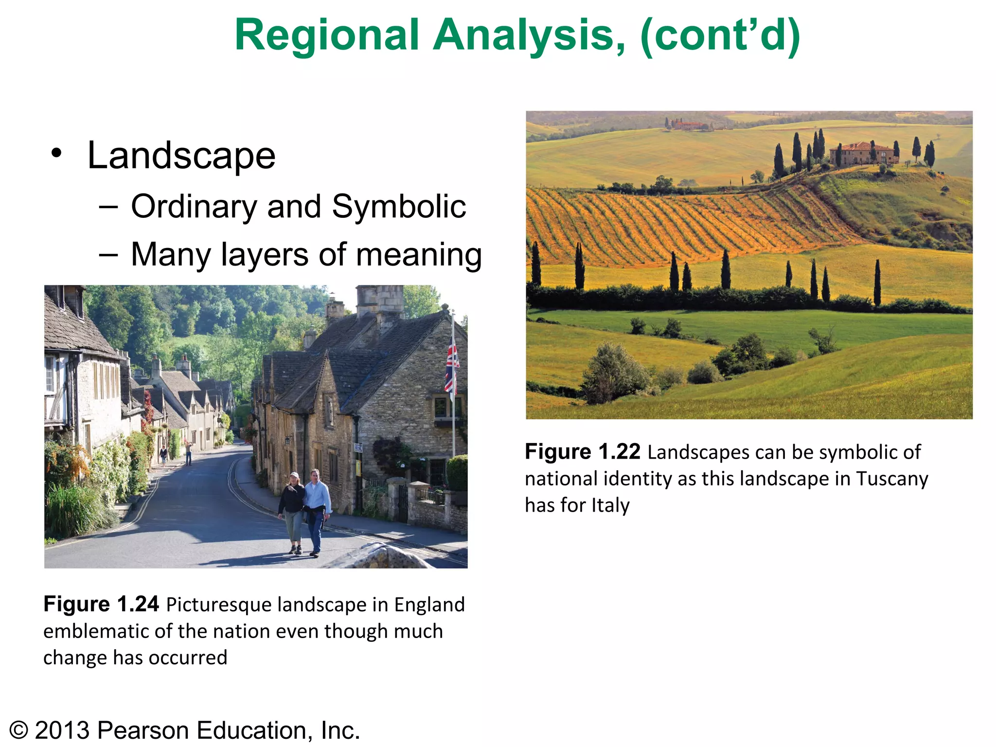 Regional Analysis, (cont’d)

   • Landscape
       – Ordinary and Symbolic
       – Many layers of meaning




                                                 Figure 1.22 Landscapes can be symbolic of
                                                 national identity as this landscape in Tuscany
                                                 has for Italy



  Figure 1.24 Picturesque landscape in England
  emblematic of the nation even though much
  change has occurred


© 2013 Pearson Education, Inc.
 