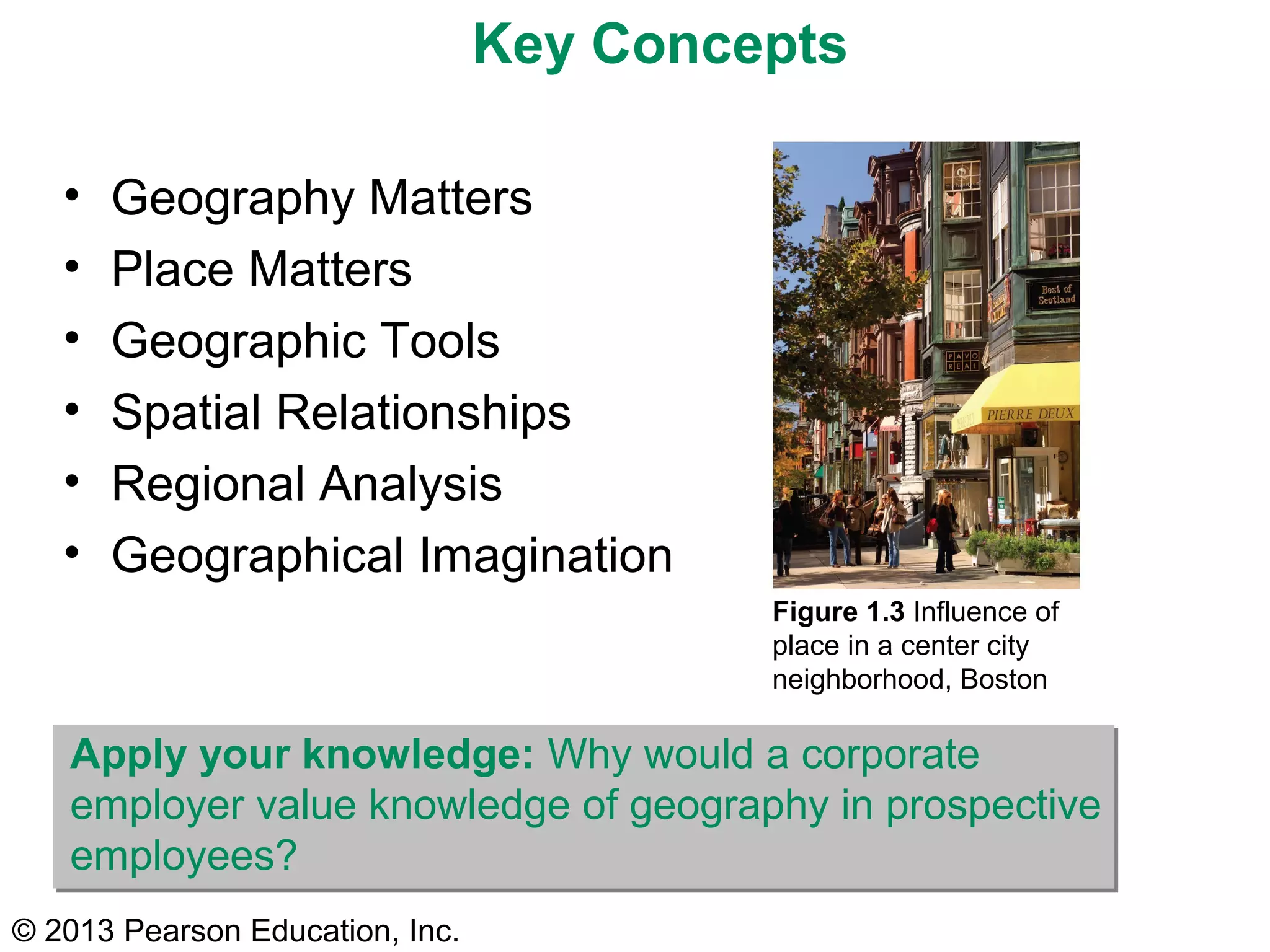 © 2013 Pearson Education, Inc.
Key Concepts
• Geography Matters
• Place Matters
• Geographic Tools
• Spatial Relationships
• Regional Analysis
• Geographical Imagination
Figure 1.3 Influence of
place in a center city
neighborhood, Boston
Apply your knowledge: Why would a corporate
employer value knowledge of geography in prospective
employees?
 